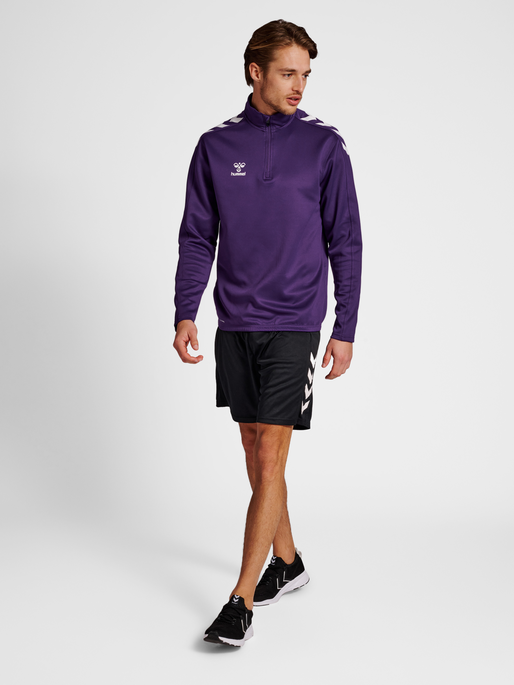 hmlCORE XK HALF ZIP POLY SWEAT, ACAI/WHITE, model